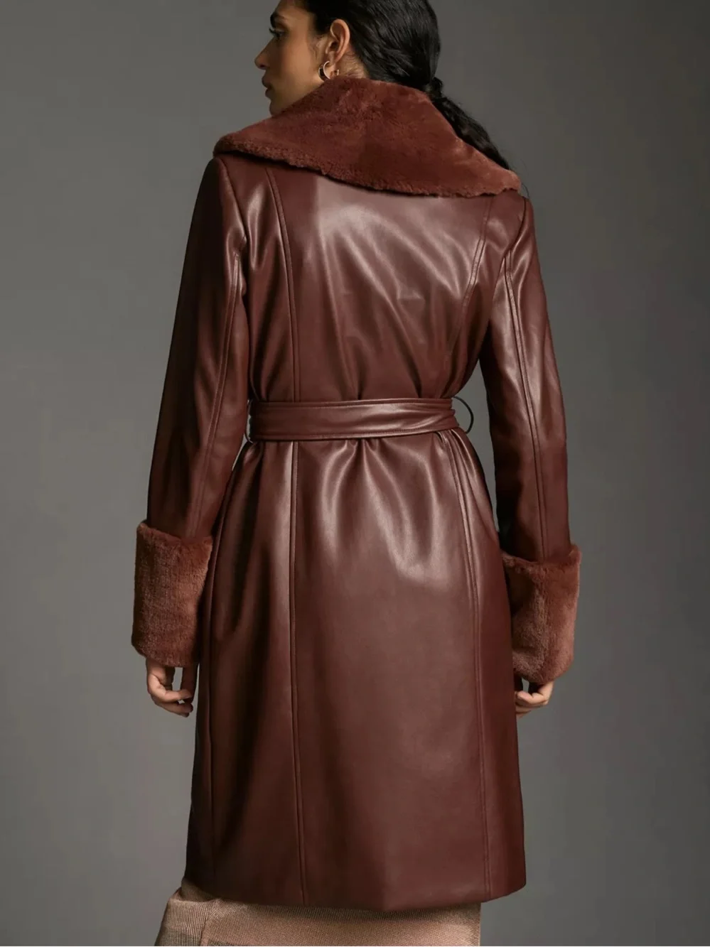 Avec Les Filles Rich Chestnut Faux Leather Jacket with Faux Fur Trim Medium - Picture 11 of 12